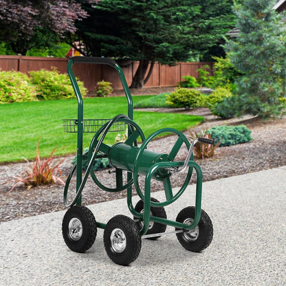 Garden Hose Reel Cart with Wheels, Holds 300-Feet of 5/8-Inch Hose, Heavy Duty Yard Water Planting 4 Wheels Outdoor Garden Lawn Water Truck with Storage Basket, Green