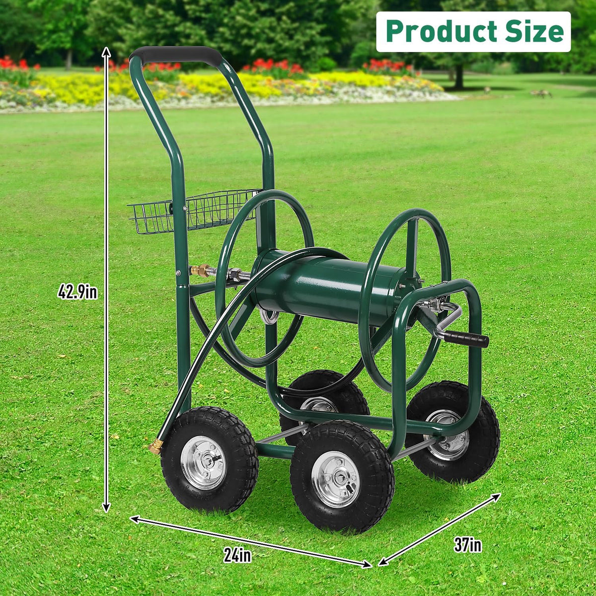 Garden Hose Reel Cart with Wheels, Holds 300-Feet of 5/8-Inch Hose, Heavy Duty Yard Water Planting 4 Wheels Outdoor Garden Lawn Water Truck with Storage Basket, Green