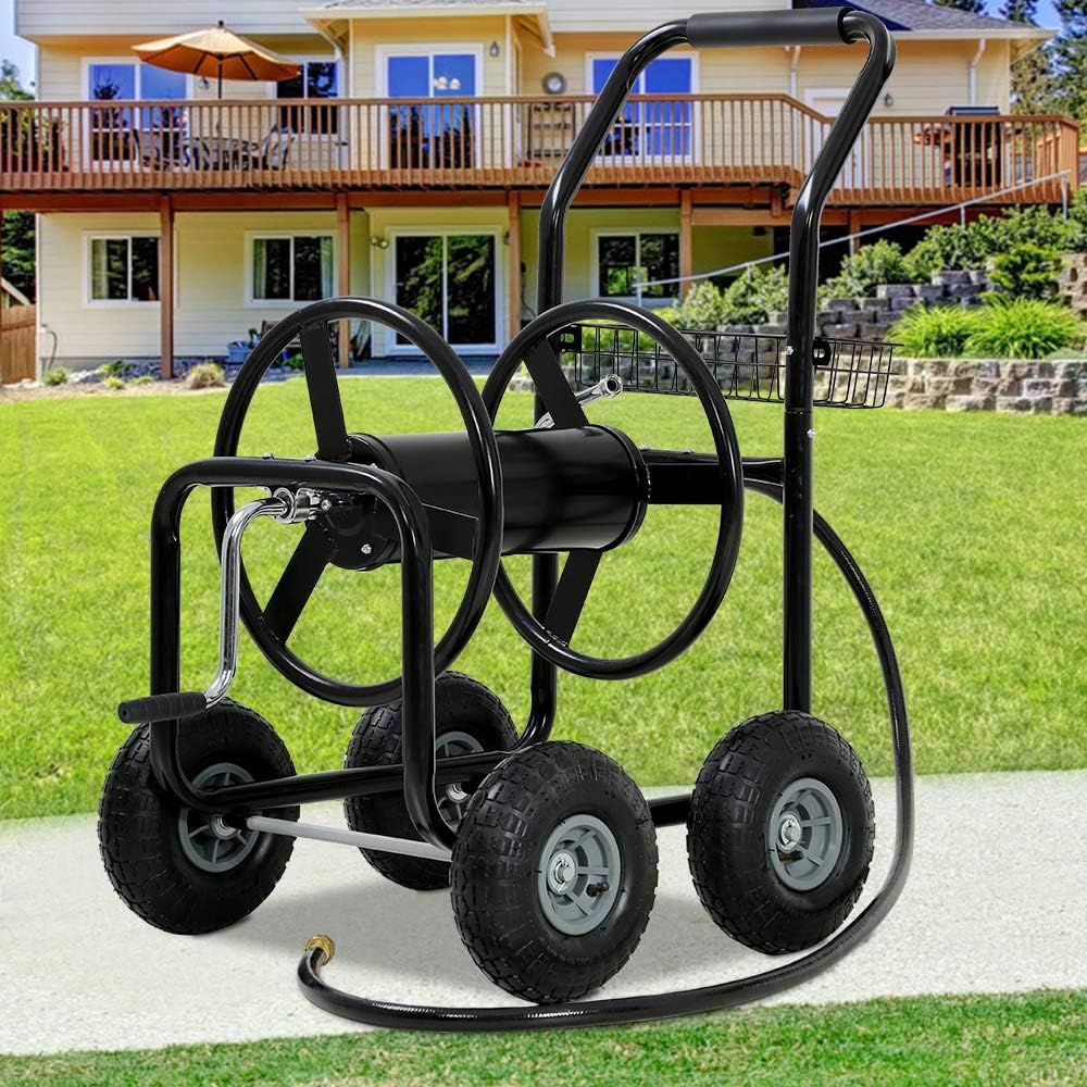 Garden Hose Reel Cart with Wheels, Holds 300-Feet of 5/8-Inch Hose, Heavy Duty Yard Water Planting 4 Wheels Outdoor Garden Lawn Water Truck with Storage Basket, Green