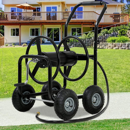 Garden Hose Reel Cart with Wheels, Holds 300-Feet of 5/8-Inch Hose, Heavy Duty Yard Water Planting 4 Wheels Outdoor Garden Lawn Water Truck with Storage Basket, Green