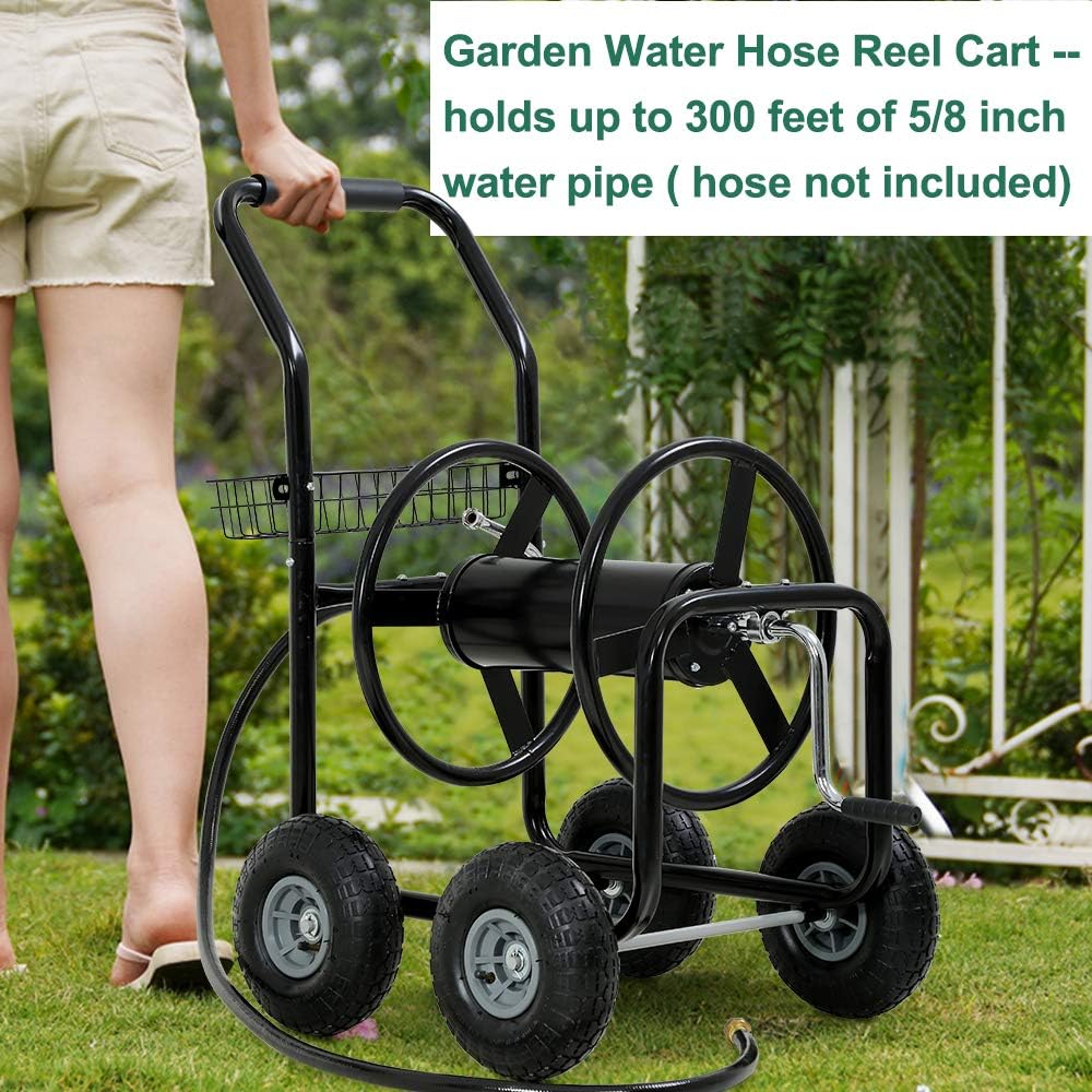 Garden Hose Reel Cart with Wheels, Holds 300-Feet of 5/8-Inch Hose, Heavy Duty Yard Water Planting 4 Wheels Outdoor Garden Lawn Water Truck with Storage Basket, Green