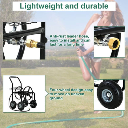 Garden Hose Reel Cart with Wheels, Holds 300-Feet of 5/8-Inch Hose, Heavy Duty Yard Water Planting 4 Wheels Outdoor Garden Lawn Water Truck with Storage Basket, Green