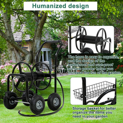 Garden Hose Reel Cart with Wheels, Holds 300-Feet of 5/8-Inch Hose, Heavy Duty Yard Water Planting 4 Wheels Outdoor Garden Lawn Water Truck with Storage Basket, Green