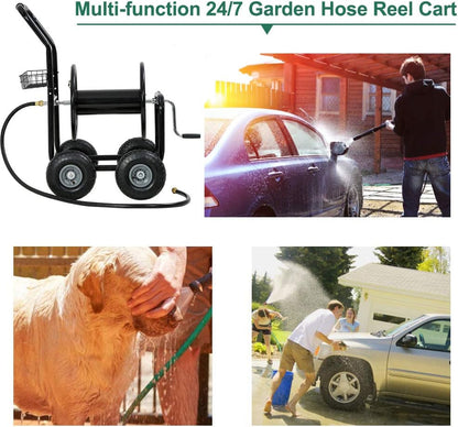Garden Hose Reel Cart with Wheels, Holds 300-Feet of 5/8-Inch Hose, Heavy Duty Yard Water Planting 4 Wheels Outdoor Garden Lawn Water Truck with Storage Basket, Green