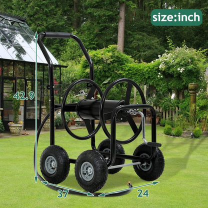 Garden Hose Reel Cart with Wheels, Holds 300-Feet of 5/8-Inch Hose, Heavy Duty Yard Water Planting 4 Wheels Outdoor Garden Lawn Water Truck with Storage Basket, Green