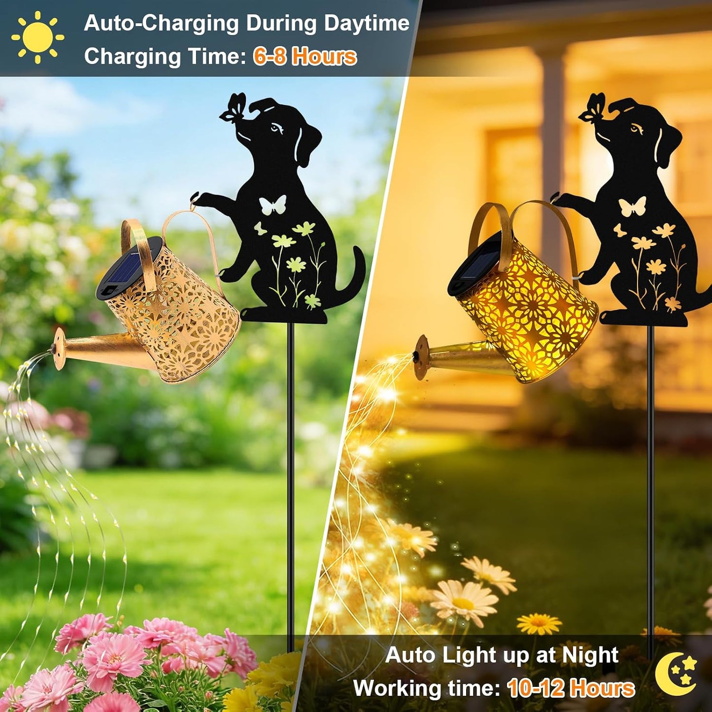 Solar Lights Outdoor,Watering Can with Dog Silhouette Stake