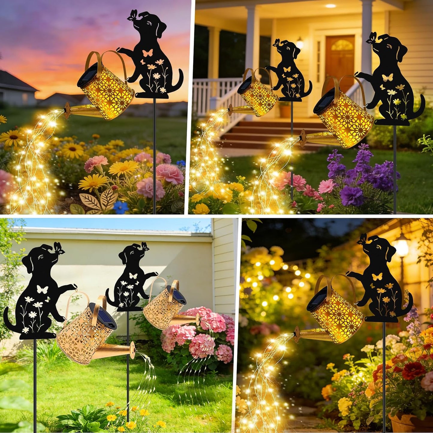Solar Lights Outdoor,Watering Can with Dog Silhouette Stake