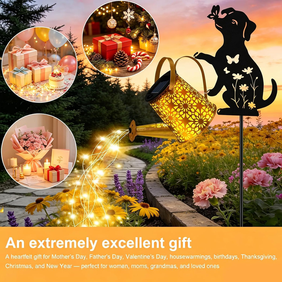 Solar Lights Outdoor,Watering Can with Dog Silhouette Stake