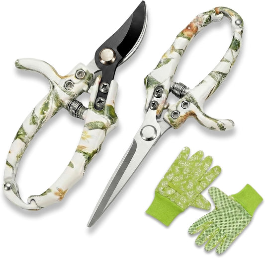 Pruning Shears for Gardening 2-Pack – 6.7" SK5 Bypass Pruner & 7.2" Straight Snips with Non-Slip Gloves – Lightweight Floral Garden Clipper for Women, Rose Trimmer & Plant Scissors Gift Set