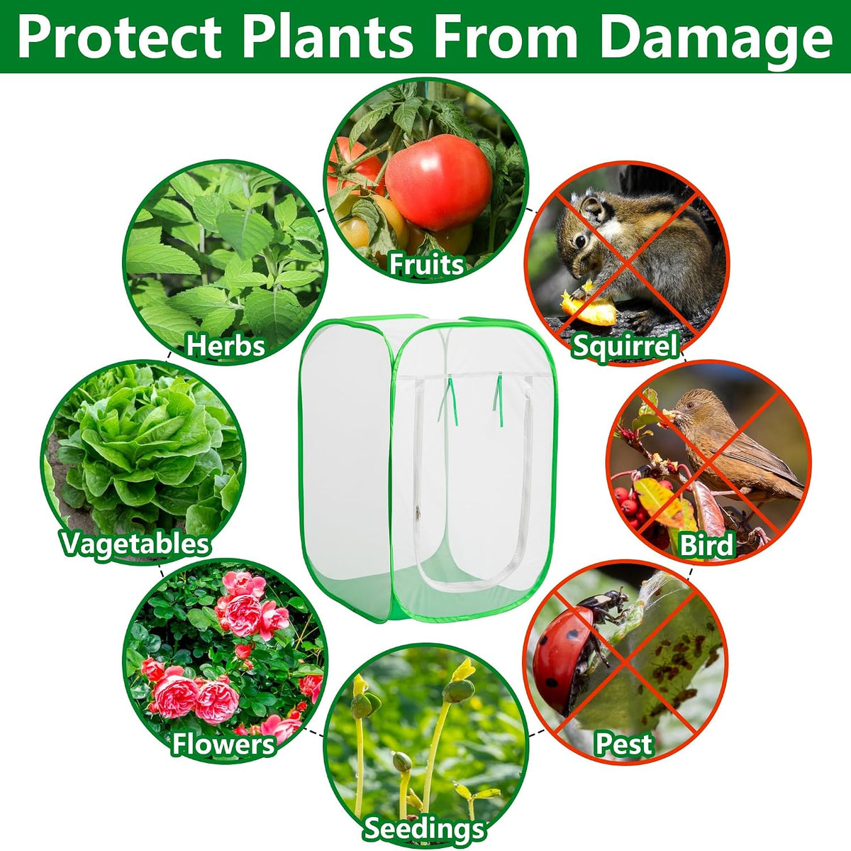 16" x 16" x 24" Pop Up Garden Mesh Plant Cover, Plant Protectors Mesh Plant Enclosure, Garden Net Cage Pest Protection Guard Tent with Storage Bag for Protect Plant Vegetable Fruit from Birds Insects