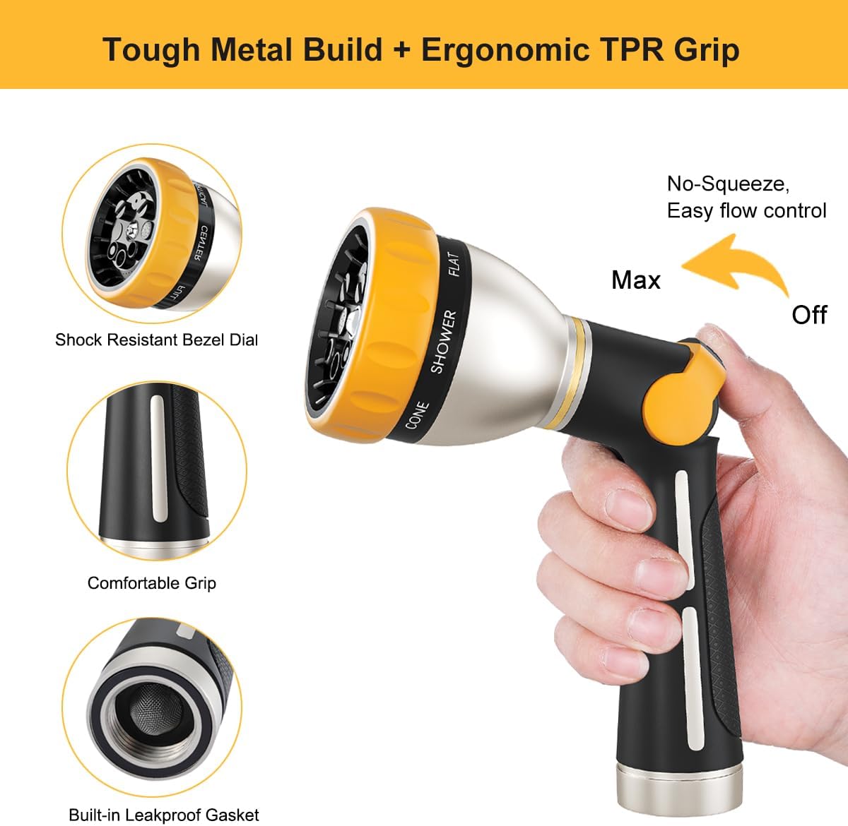 Upgraded Metal Garden Hose Nozzle Heavy Duty, 30% Higher Water Flow
