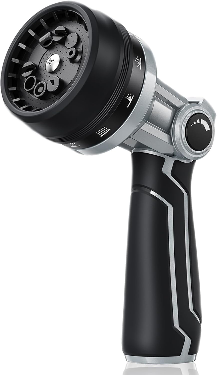 Full-Metal Garden Hose Nozzle, Heavy Duty Water Hose Nozzle Sprayer With 10 Adjustable Patterns & High Flow,Thumb Control For Flow Adjustment, Ideal For Watering, Washing, Cleaning,Black