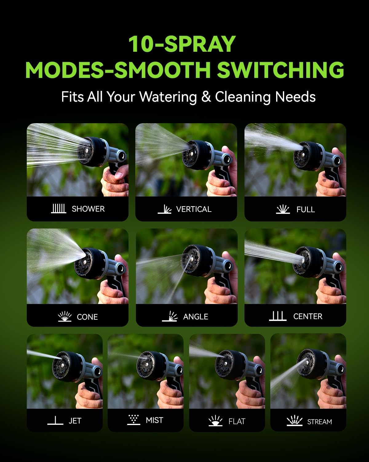 Full-Metal Garden Hose Nozzle, Heavy Duty Water Hose Nozzle Sprayer With 10 Adjustable Patterns & High Flow,Thumb Control For Flow Adjustment, Ideal For Watering, Washing, Cleaning,Black