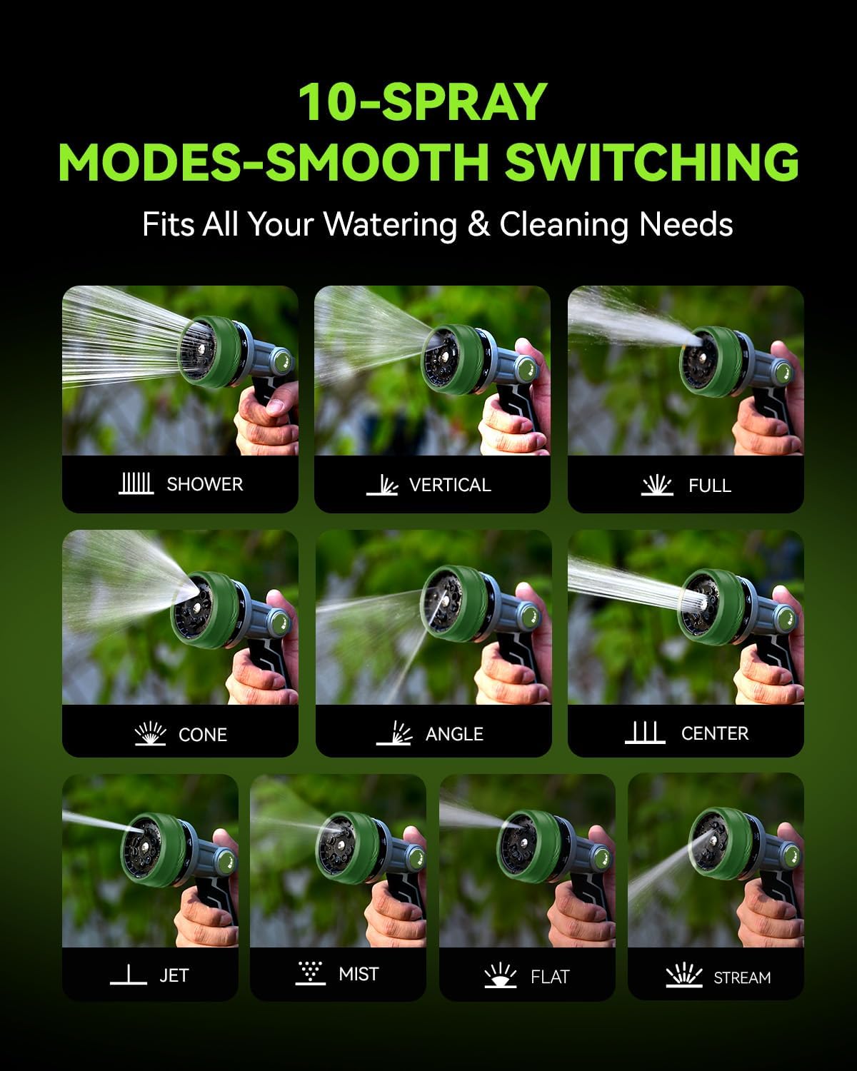 Full-Metal Garden Hose Nozzle, Heavy Duty Water Hose Nozzle Sprayer With 10 Adjustable Patterns & High Flow,Thumb Control For Flow Adjustment, Ideal For Watering, Washing, Cleaning,Black