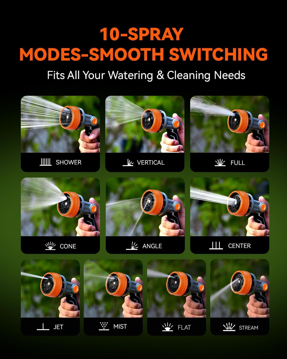 Full-Metal Garden Hose Nozzle, Heavy Duty Water Hose Nozzle Sprayer With 10 Adjustable Patterns & High Flow,Thumb Control For Flow Adjustment, Ideal For Watering, Washing, Cleaning,Black