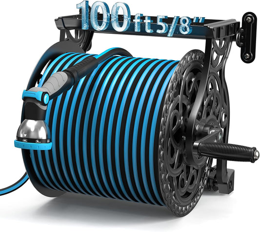 Garden Hose Reel, Decorative Aluminum Frame Hose Holder with 100 ft x 5/8 in Hose, 10-Pattern Nozzle, Never-Leak System, Easy Assembly, Hose Reel Wall Mount Ideal for Backyards, Gardens