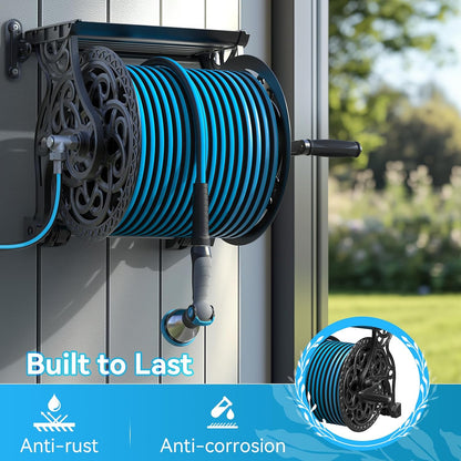 Garden Hose Reel, Decorative Aluminum Frame Hose Holder with 100 ft x 5/8 in Hose, 10-Pattern Nozzle, Never-Leak System, Easy Assembly, Hose Reel Wall Mount Ideal for Backyards, Gardens