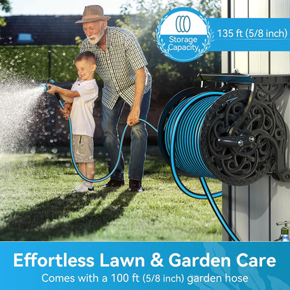 Garden Hose Reel, Decorative Aluminum Frame Hose Holder with 100 ft x 5/8 in Hose, 10-Pattern Nozzle, Never-Leak System, Easy Assembly, Hose Reel Wall Mount Ideal for Backyards, Gardens
