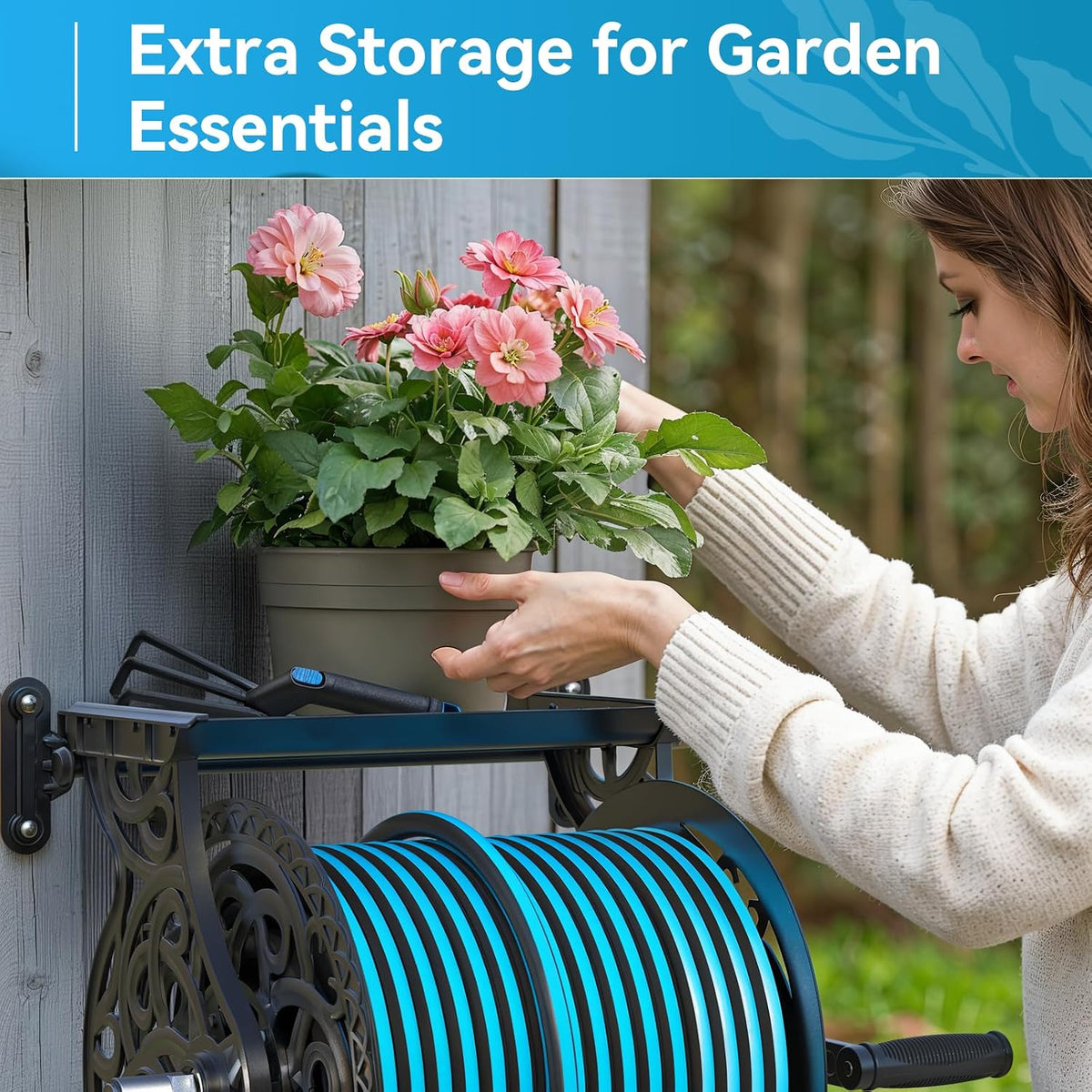 Garden Hose Reel, Decorative Aluminum Frame Hose Holder with 100 ft x 5/8 in Hose, 10-Pattern Nozzle, Never-Leak System, Easy Assembly, Hose Reel Wall Mount Ideal for Backyards, Gardens