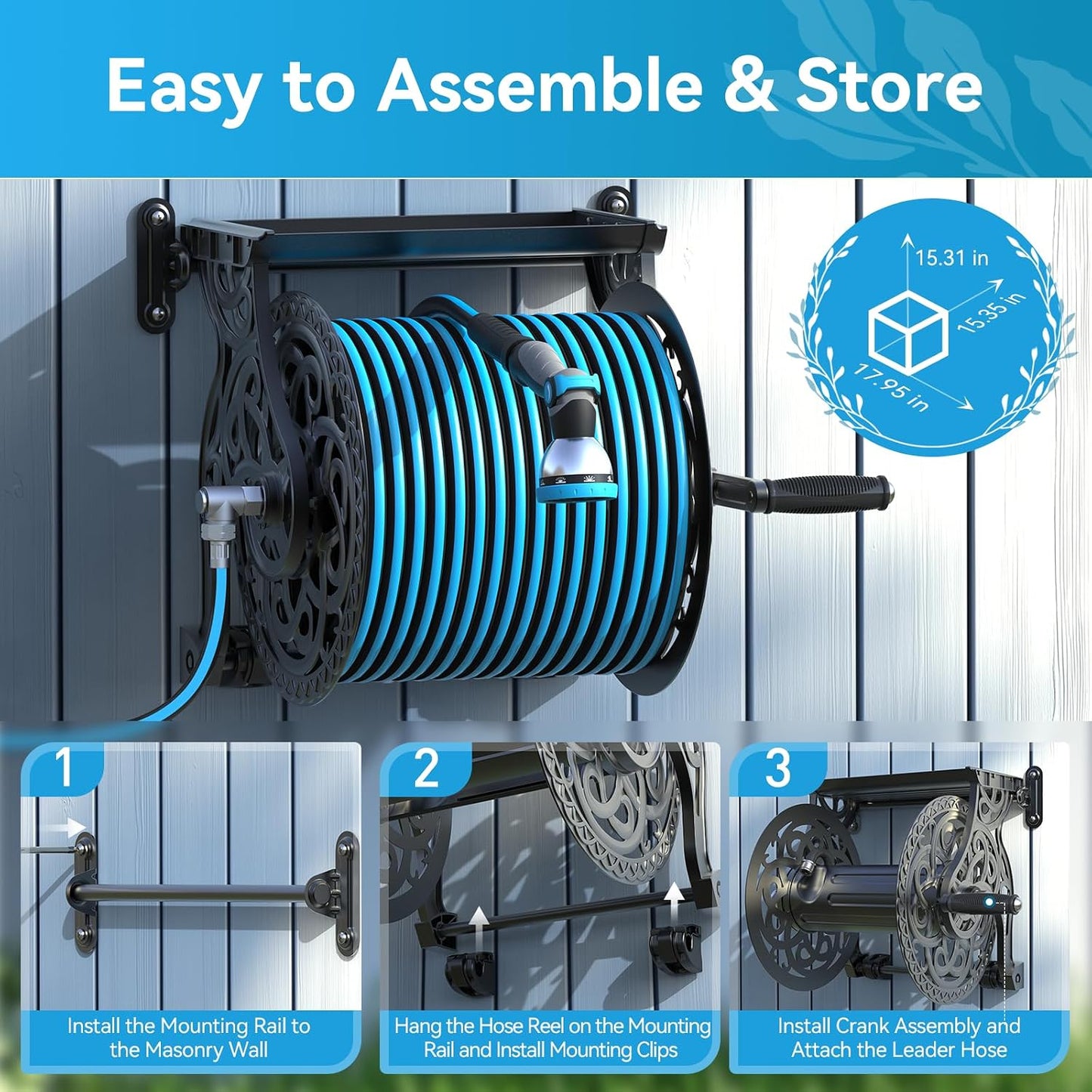 Garden Hose Reel, Decorative Aluminum Frame Hose Holder with 100 ft x 5/8 in Hose, 10-Pattern Nozzle, Never-Leak System, Easy Assembly, Hose Reel Wall Mount Ideal for Backyards, Gardens