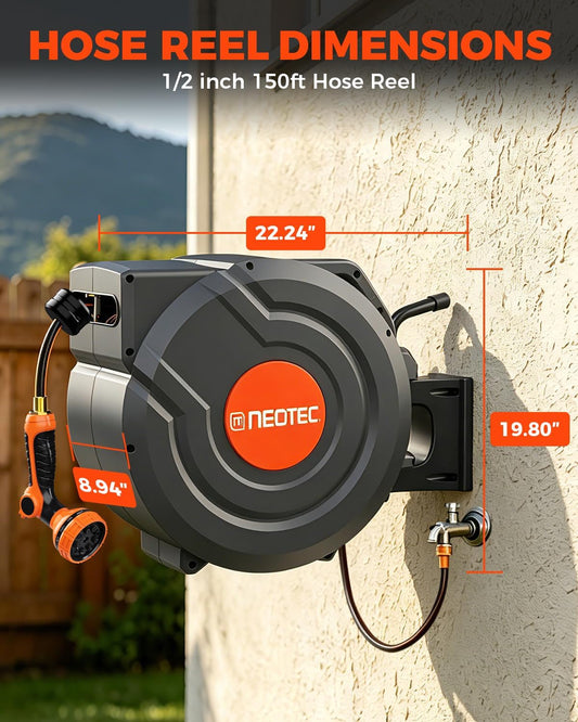 150FT Retractable Garden Hose Reel 1/2 Inch with 9-Pattern Spray Nozzle - Automatic Slow Return & Any Length Lock, Wall Mounted Heavy Duty Hose Reels for Outside, 180° Swivel UV Resistant