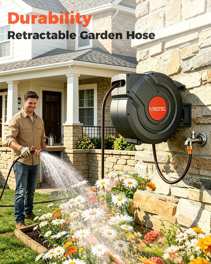 150FT Retractable Garden Hose Reel 1/2 Inch with 9-Pattern Spray Nozzle - Automatic Slow Return & Any Length Lock, Wall Mounted Heavy Duty Hose Reels for Outside, 180° Swivel UV Resistant