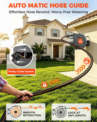 150FT Retractable Garden Hose Reel 1/2 Inch with 9-Pattern Spray Nozzle - Automatic Slow Return & Any Length Lock, Wall Mounted Heavy Duty Hose Reels for Outside, 180° Swivel UV Resistant