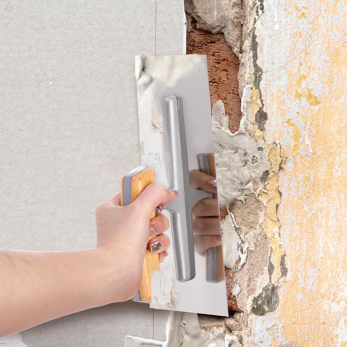 3 Pieces Flat Drywall Trowel, Stainless Steel Plastering Trowel, Masonry Finishing Trowel Sets with Wood Handle for Concrete, Cement