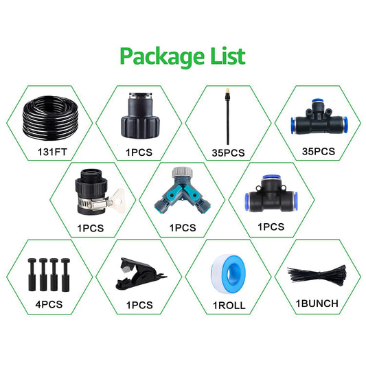 131FT Drip Irrigation Kit, Automatic Garden Watering System with Tool-Free Quick Connectors, 360° Bending Drippers & Copper Misting Nozzles for Greenhouse, Patio, Lawn & Vegetable Garden. (40M)