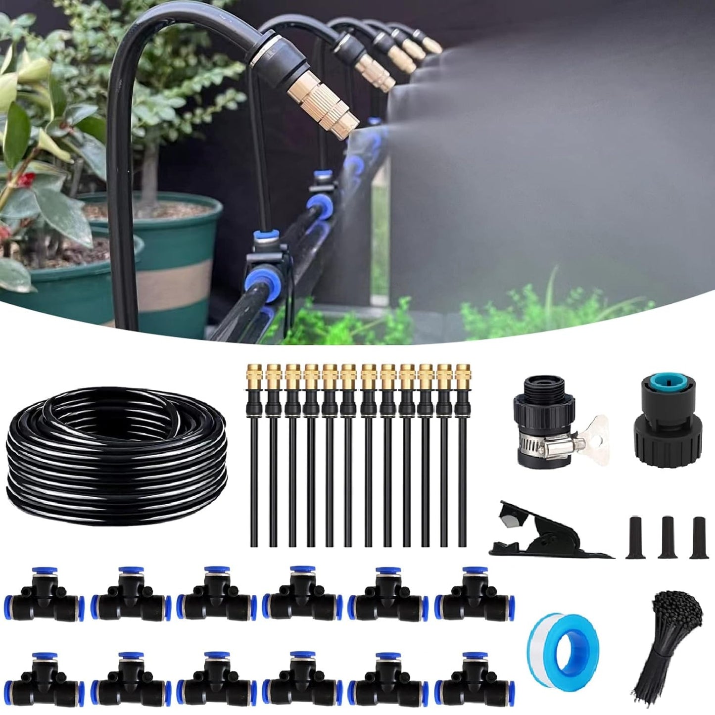 131FT Drip Irrigation Kit, Automatic Garden Watering System with Tool-Free Quick Connectors, 360° Bending Drippers & Copper Misting Nozzles for Greenhouse, Patio, Lawn & Vegetable Garden. (40M)