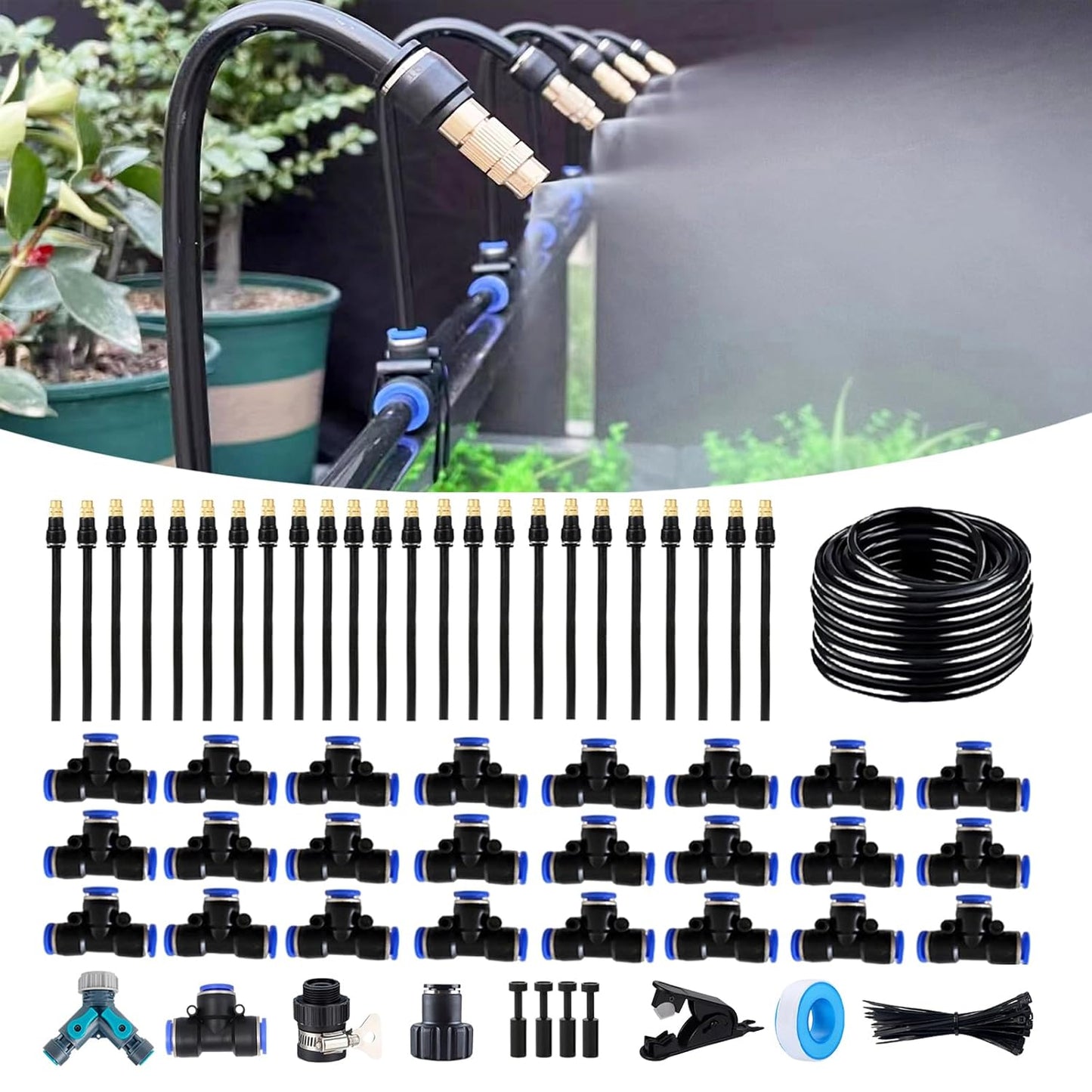 131FT Drip Irrigation Kit, Automatic Garden Watering System with Tool-Free Quick Connectors, 360° Bending Drippers & Copper Misting Nozzles for Greenhouse, Patio, Lawn & Vegetable Garden. (40M)