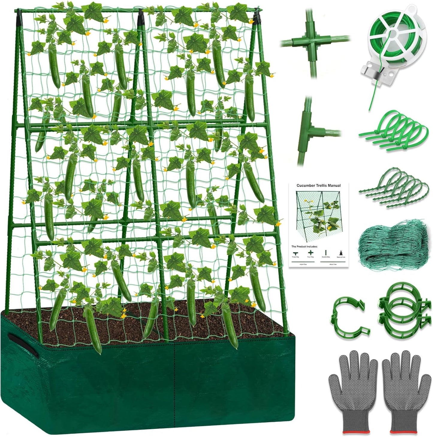 Cucumber Trellis for Garden, 34 X 47 Inches A Frame Gardening Trellis with Fabric Raised Garden Bed, Climbing Net and Plant Support Clips for Climbing Plants