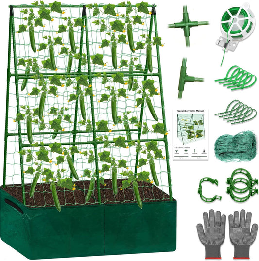 Cucumber Trellis for Garden, 34 X 47 Inches A Frame Gardening Trellis with Fabric Raised Garden Bed, Climbing Net and Plant Support Clips for Climbing Plants