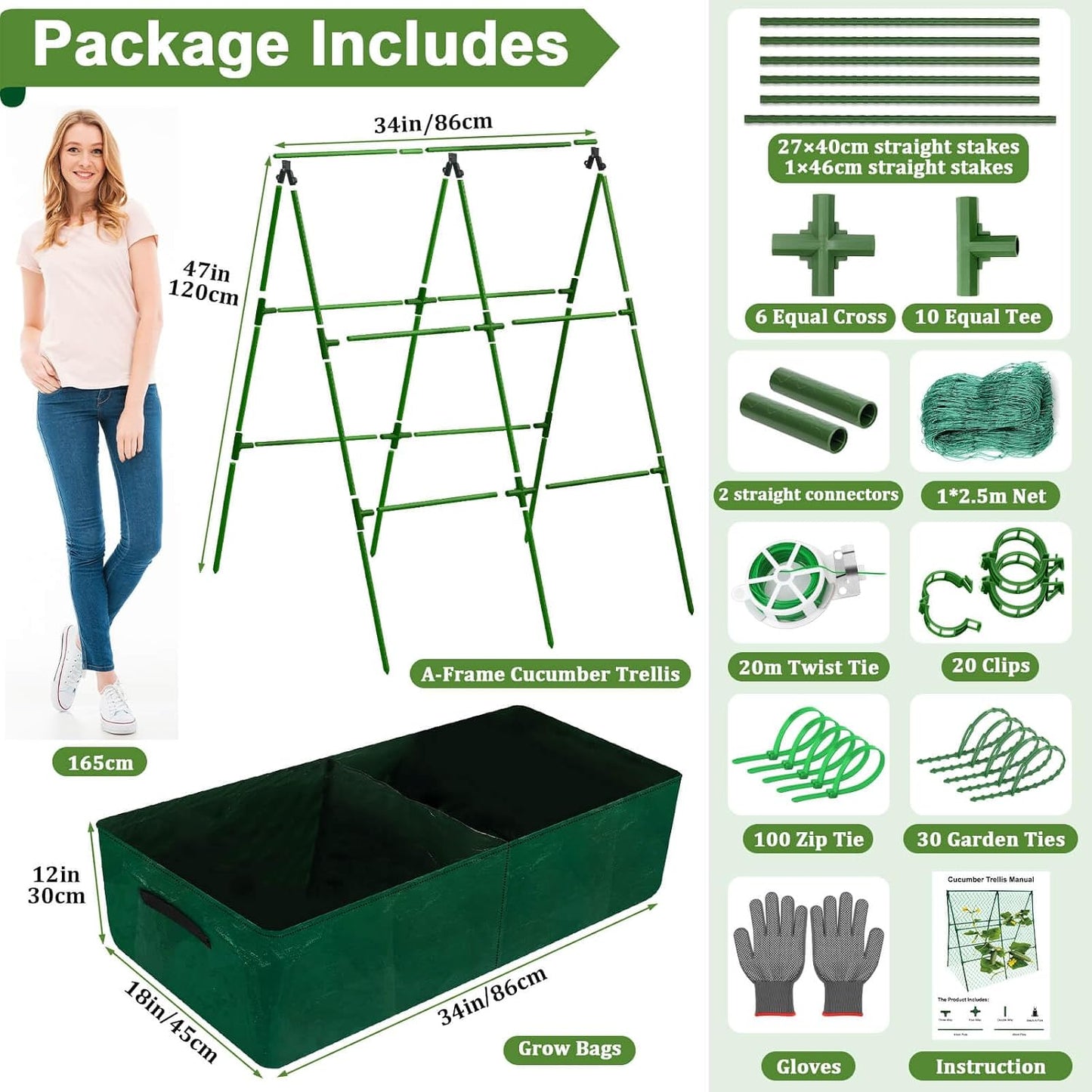 Cucumber Trellis for Garden, 34 X 47 Inches A Frame Gardening Trellis with Fabric Raised Garden Bed, Climbing Net and Plant Support Clips for Climbing Plants