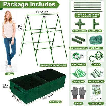 Cucumber Trellis for Garden, 34 X 47 Inches A Frame Gardening Trellis with Fabric Raised Garden Bed, Climbing Net and Plant Support Clips for Climbing Plants