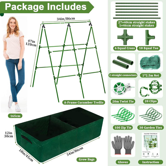 Cucumber Trellis for Garden, 34 X 47 Inches A Frame Gardening Trellis with Fabric Raised Garden Bed, Climbing Net and Plant Support Clips for Climbing Plants