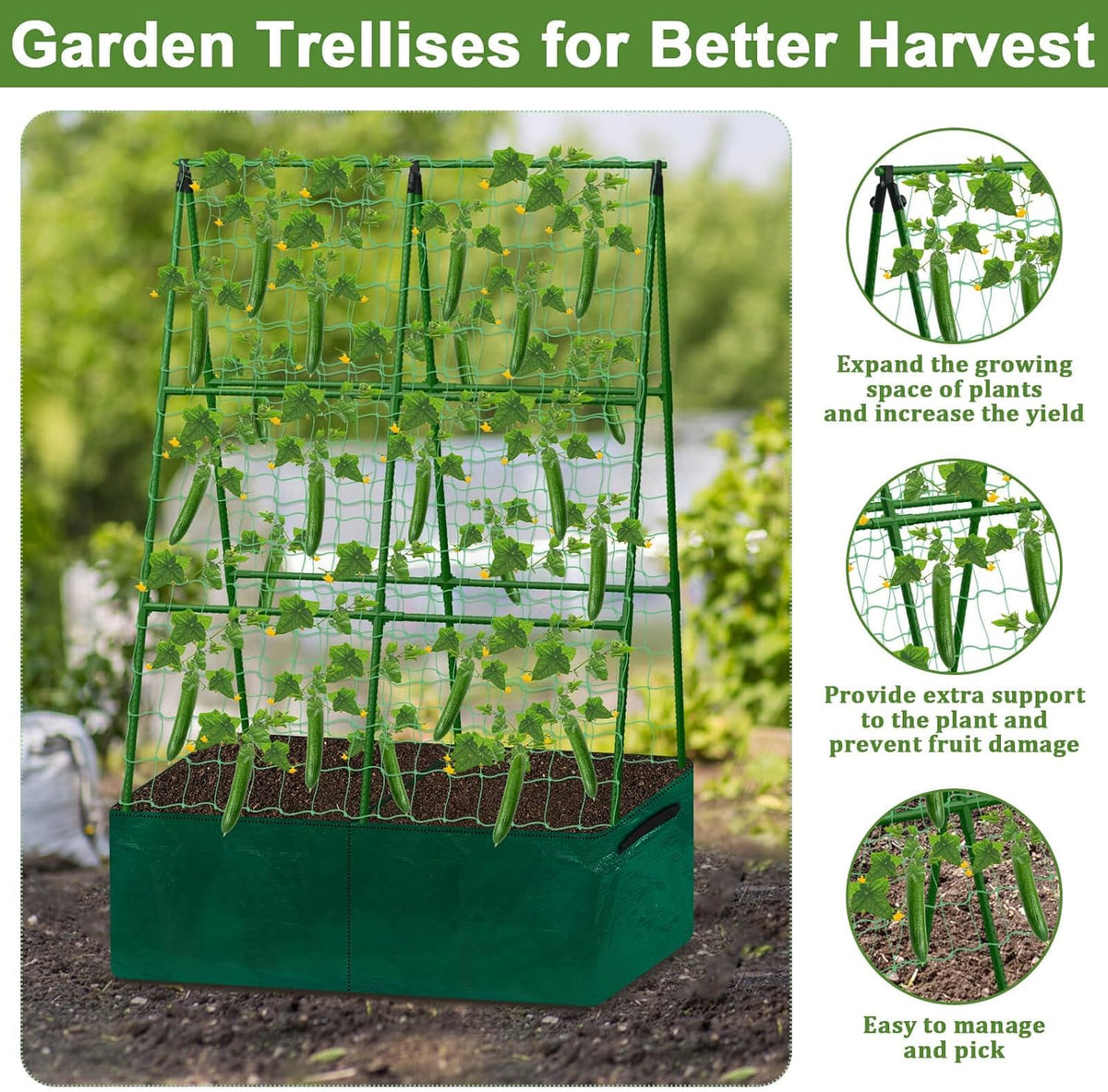 Cucumber Trellis for Garden, 34 X 47 Inches A Frame Gardening Trellis with Fabric Raised Garden Bed, Climbing Net and Plant Support Clips for Climbing Plants