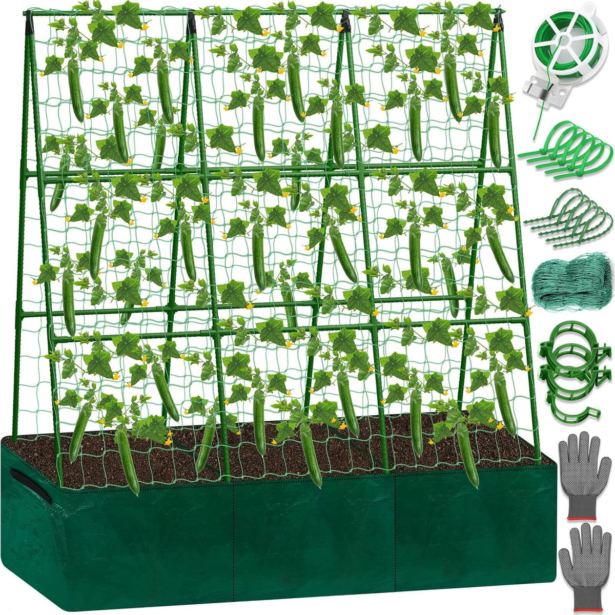 Cucumber Trellis for Garden, 34 X 47 Inches A Frame Gardening Trellis with Fabric Raised Garden Bed, Climbing Net and Plant Support Clips for Climbing Plants