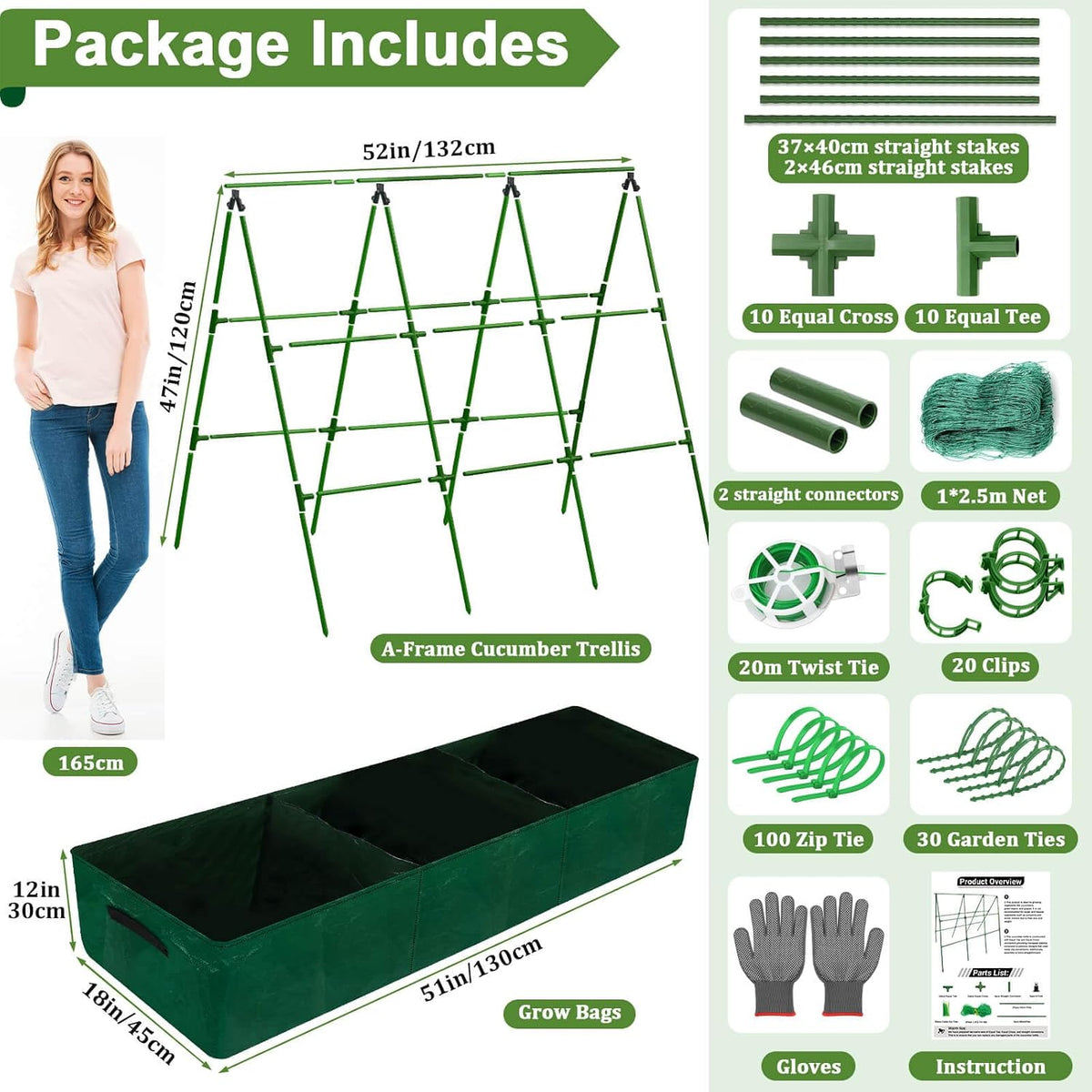 Cucumber Trellis for Garden, 34 X 47 Inches A Frame Gardening Trellis with Fabric Raised Garden Bed, Climbing Net and Plant Support Clips for Climbing Plants