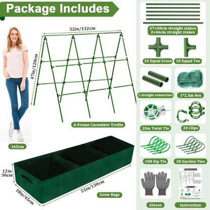 Cucumber Trellis for Garden, 34 X 47 Inches A Frame Gardening Trellis with Fabric Raised Garden Bed, Climbing Net and Plant Support Clips for Climbing Plants