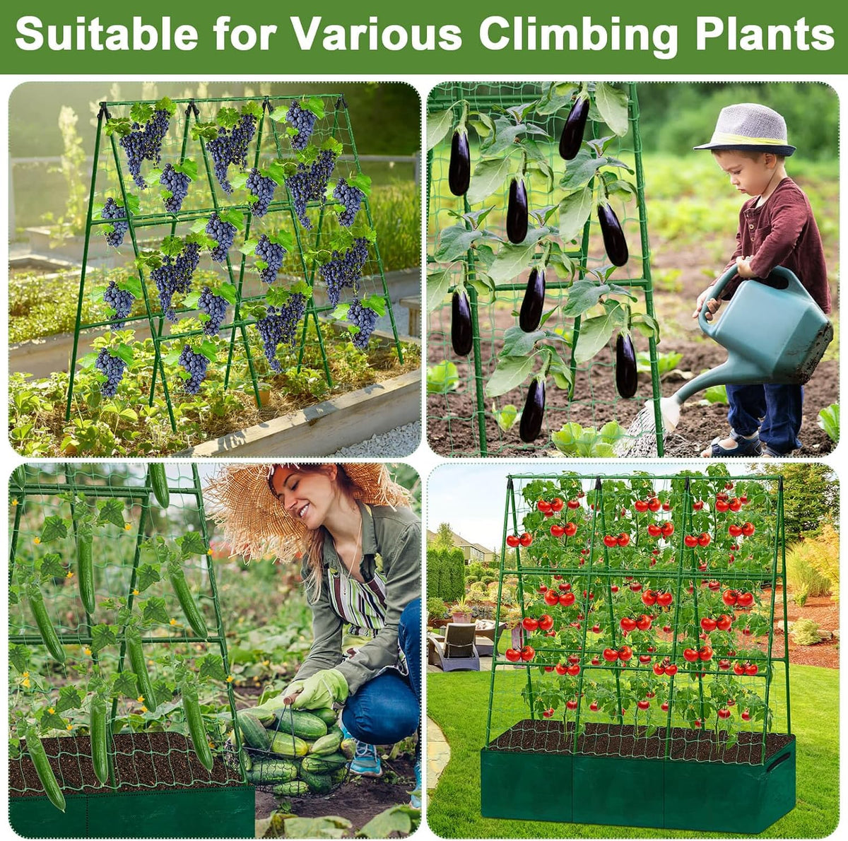Cucumber Trellis for Garden, 34 X 47 Inches A Frame Gardening Trellis with Fabric Raised Garden Bed, Climbing Net and Plant Support Clips for Climbing Plants