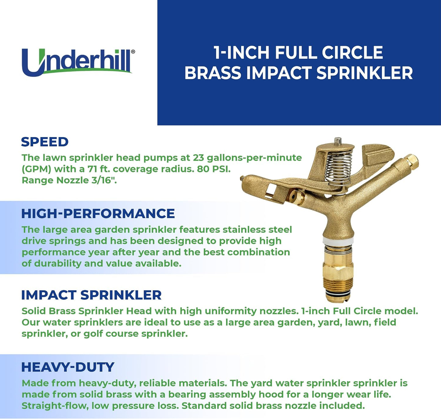Rotating Brass Impact Sprinkler Head 360 Degree for Large Area, Lawn, Garden, Commercial Irrigation, 1-Inch Full Circle, 71-Foot, SI100F