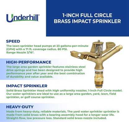Rotating Brass Impact Sprinkler Head 360 Degree for Large Area, Lawn, Garden, Commercial Irrigation, 1-Inch Full Circle, 71-Foot, SI100F