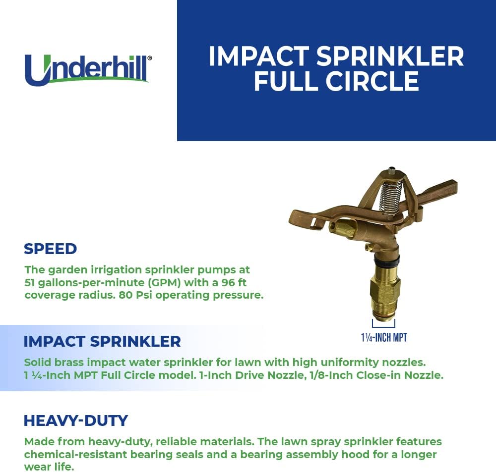Rotating Brass Impact Sprinkler Head 360 Degree for Large Area, Lawn, Garden, Commercial Irrigation, 1-Inch Full Circle, 71-Foot, SI100F