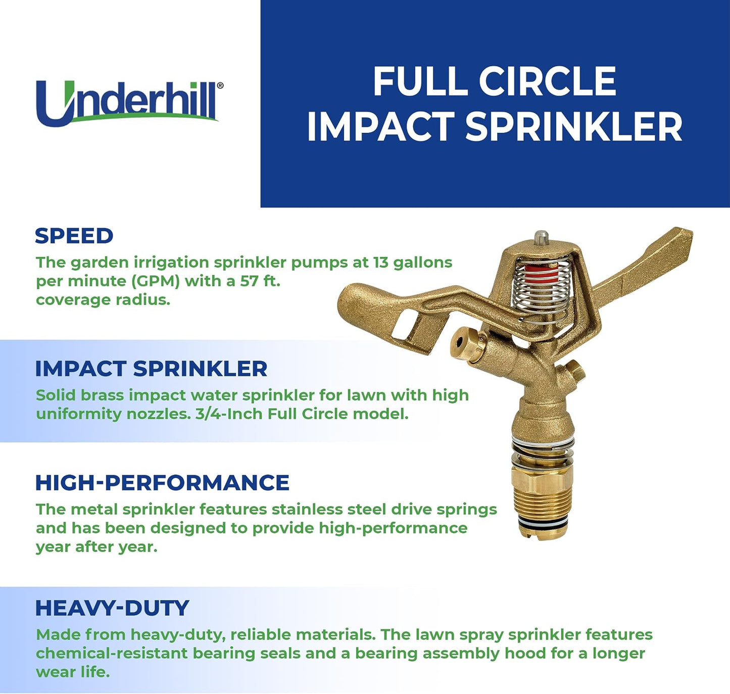 Rotating Brass Impact Sprinkler Head 360 Degree for Large Area, Lawn, Garden, Commercial Irrigation, 1-Inch Full Circle, 71-Foot, SI100F