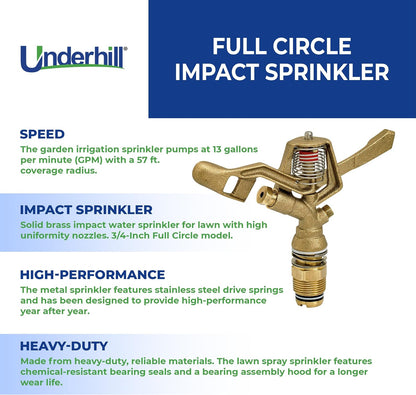 Rotating Brass Impact Sprinkler Head 360 Degree for Large Area, Lawn, Garden, Commercial Irrigation, 1-Inch Full Circle, 71-Foot, SI100F