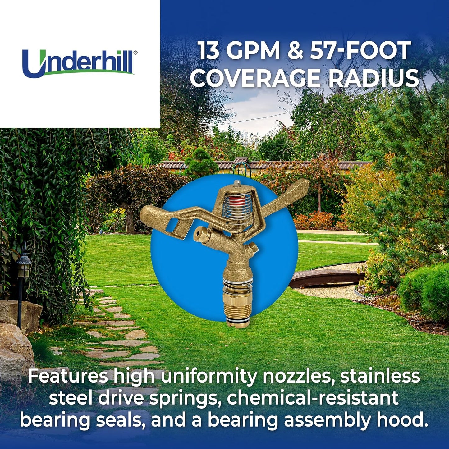 Rotating Brass Impact Sprinkler Head 360 Degree for Large Area, Lawn, Garden, Commercial Irrigation, 1-Inch Full Circle, 71-Foot, SI100F