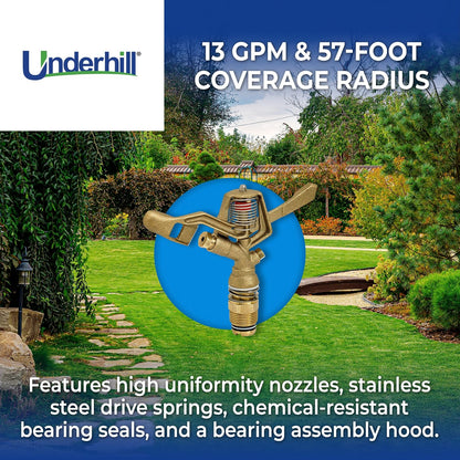 Rotating Brass Impact Sprinkler Head 360 Degree for Large Area, Lawn, Garden, Commercial Irrigation, 1-Inch Full Circle, 71-Foot, SI100F