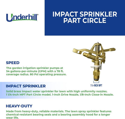 Rotating Brass Impact Sprinkler Head 360 Degree for Large Area, Lawn, Garden, Commercial Irrigation, 1-Inch Full Circle, 71-Foot, SI100F