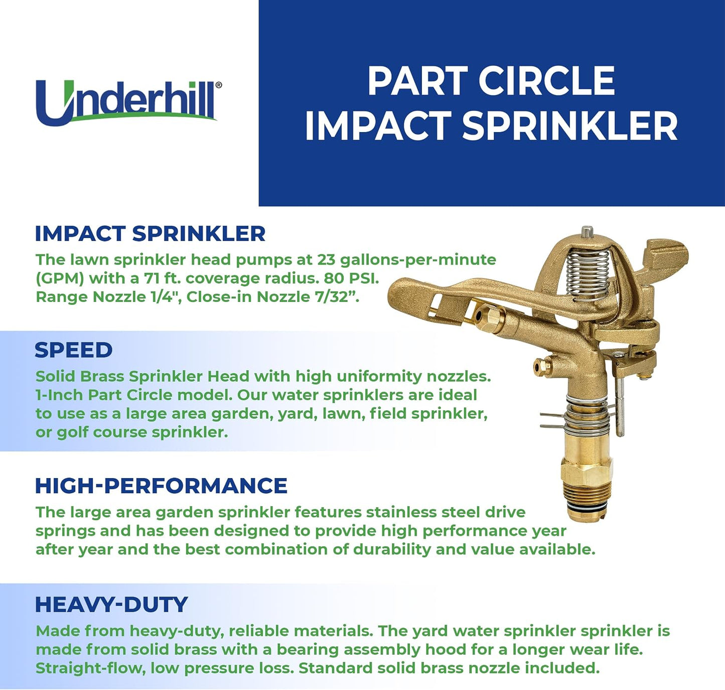 Rotating Brass Impact Sprinkler Head 360 Degree for Large Area, Lawn, Garden, Commercial Irrigation, 1-Inch Full Circle, 71-Foot, SI100F